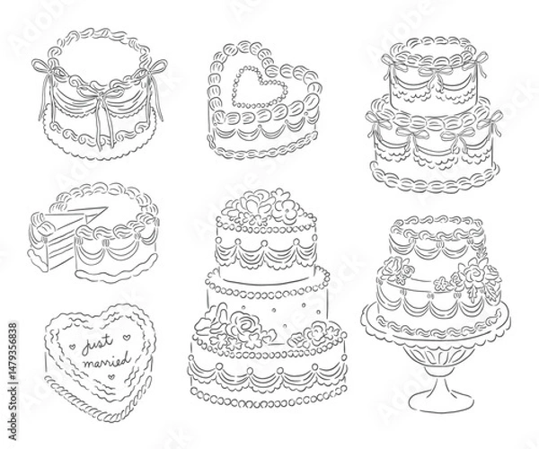 Obraz Collection of Hand drawn Wedding, Anniversary cakes with floral and ribbon decoration vector illustration