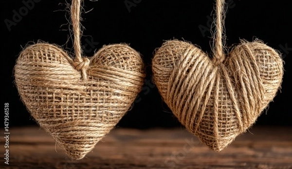 Obraz Two rustic burlap hearts hanging against a black backdrop.