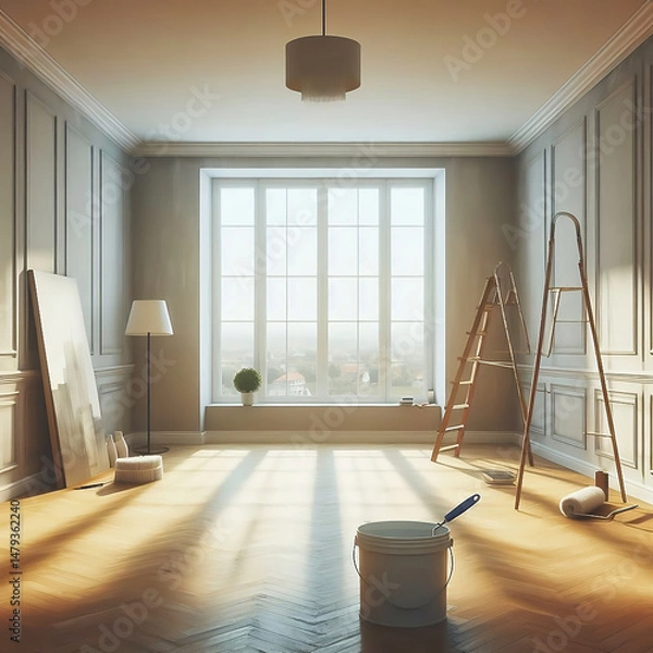 Fototapeta Renovated room with large windows. Painter's ladder, paint bucket and tools