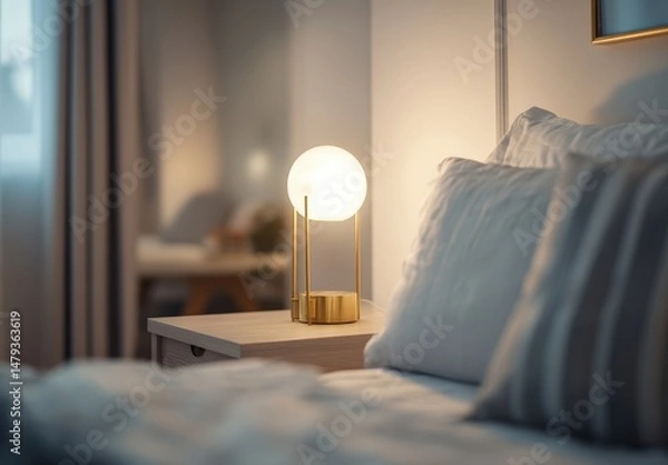 Obraz Warmly lit bedside table with glowing lamp.