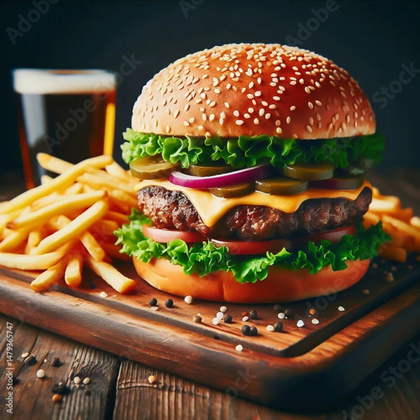 Fototapeta Cheeseburger with lettuce, tomatoes, gherkins and fries on a wooden board.