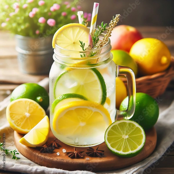 Fototapeta A refreshing glass with lemon and lime slices, mint leaves, straw and fresh fruit