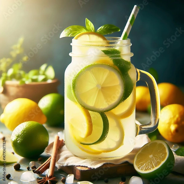 Fototapeta A refreshing glass with lemon and lime slices, mint leaves, straw and fresh fruit