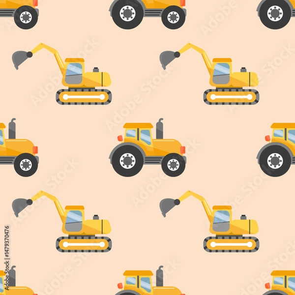 Obraz Seamless pattern of yellow cartoon construction vehicles including tractors and excavators on a light background.