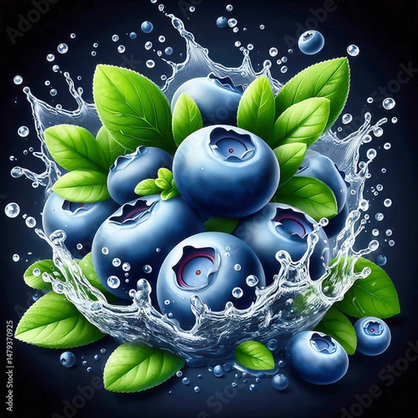 Fototapeta Blueberries with green leaves and drops of water in dynamic movement, fresh fruit