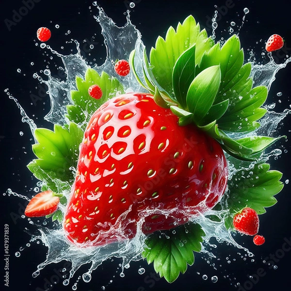 Fototapeta Fresh strawberry with green leaves, surrounded by splashing water. Vibrant colors