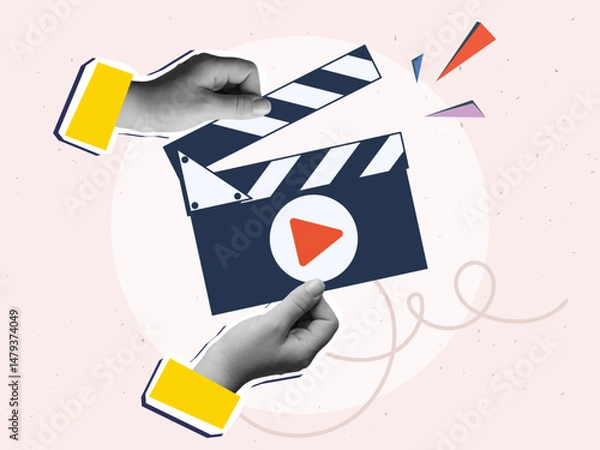 Fototapeta Hand with clapperboard with play button. Modern collage style. Vector illustration