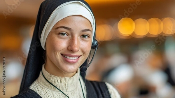 Fototapeta A young smiling nun wea a headset offers friendly customer service support in a modern office setting.