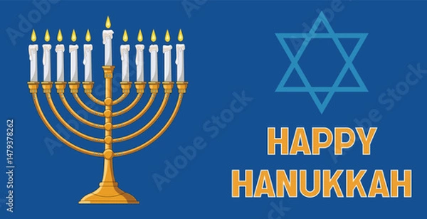Obraz Happy Hanukkah Illustration with Menorah, Candles, and Star of David