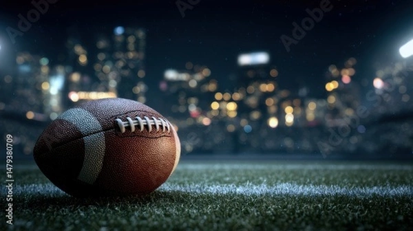 Obraz A 4K photo of closeup of an American football ball on the grass of a stadium at night about to start a game - copyspace.