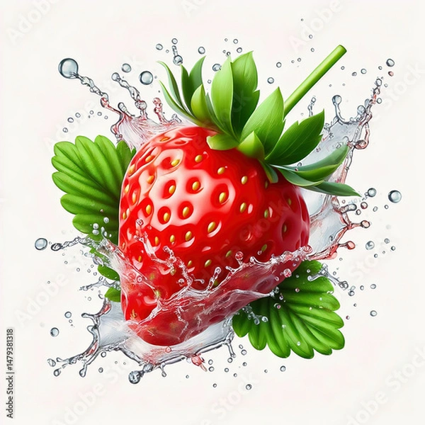 Fototapeta Fresh strawberry with green leaves, surrounded by splashing water. Vibrant colors