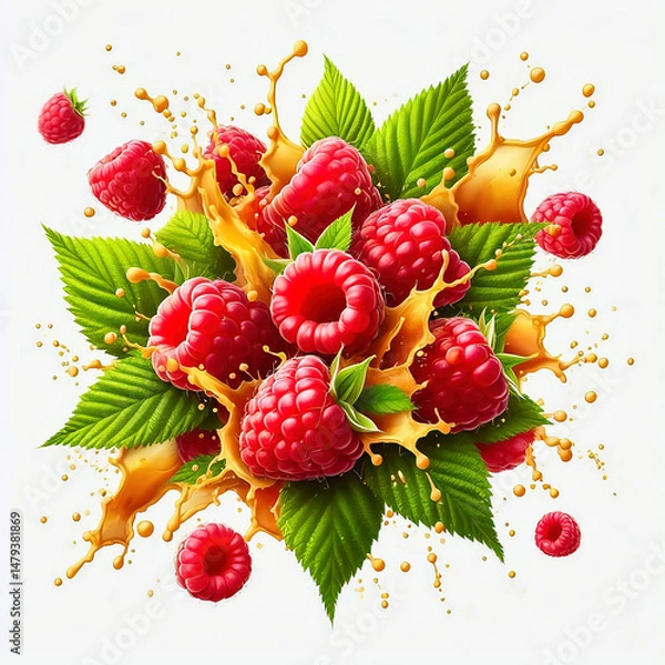 Fototapeta Juicy raspberries with green leaves, surrounded by splashing drops of water.