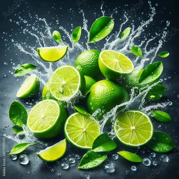 Fototapeta Bright green limes, surrounded by dripping water, with vibrant leaves. Indulgence