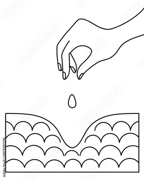 Fototapeta Grain planting diagram. Hand throws a seed into a hole dug in dug soil. Sketch. Vector illustration. Outline on an isolated white background. Doodle style. Coloring book for children.