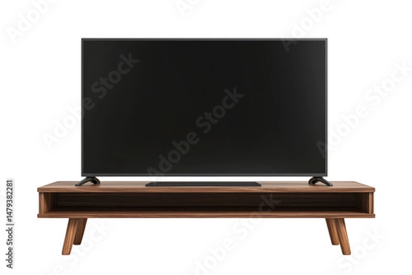 Fototapeta Dark Brown Wooden Tv Stand With Black Flat Screen Television On transparent background