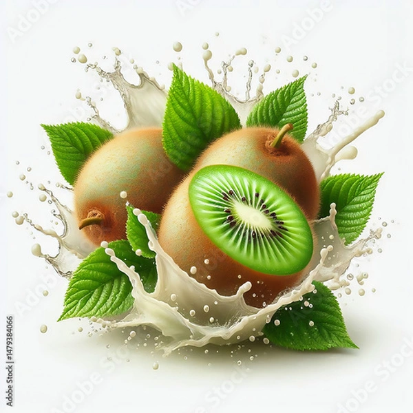 Fototapeta green kiwi surrounded by splashing water and leaves. Dynamism and freshness