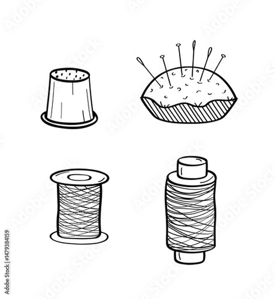 Obraz A set of items for sewing and needlework. Doodle icons, a spool of thread and a needle. Vector illustration on a white background.