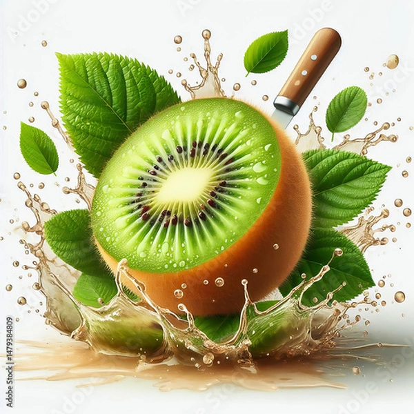 Fototapeta green kiwi surrounded by splashing water and leaves. Dynamism and freshness