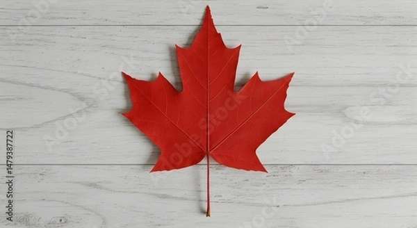 Obraz Red maple leaf on rustic white wood, minimal Canada Day flat lay