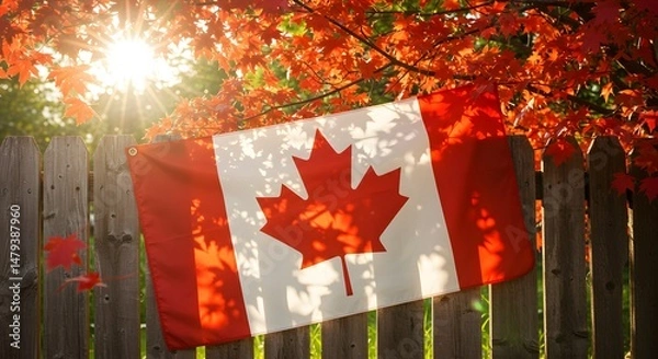 Obraz Canadian flag waving on wooden fence with maple leaves, sunny summer