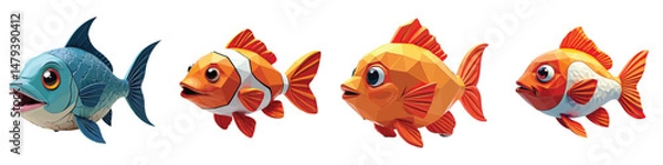 Fototapeta Cut Out Set of Low Poly Vector illustration Of Fish Toy Isolated on Transparent or White Background.
