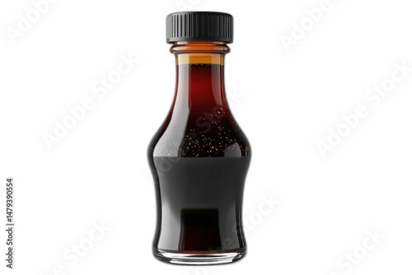 Fototapeta A bottle of sauce with red label, black cap, and liquid inside, isolated on transparent background.
