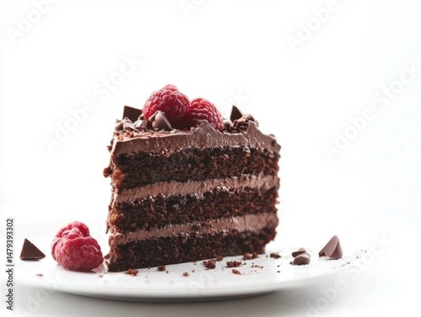 Fototapeta Chocolate cake slice with raspberries on white plate studio shot close up dessert food photography