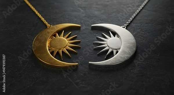 Obraz Metallic sun and moon on dark stone, minimalist symbolic scene