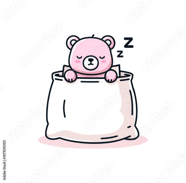Obraz Simple and cute cartoon sticker design, with a pink bear sleeping on a bag