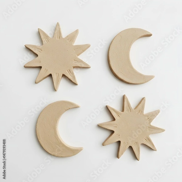 Obraz Handcrafted clay sun and moon shapes with texture on white background