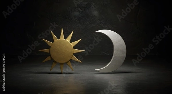Obraz Metallic sun and moon on dark stone, minimalist symbolic scene