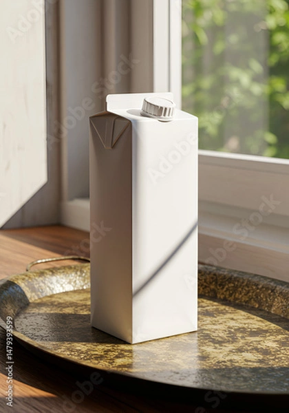Obraz Blank carton of milk on tray by window