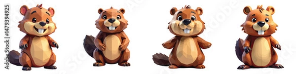 Fototapeta Cut Out Set of Low Poly Vector illustration Of Beaver Toy Isolated on Transparent or White Background.