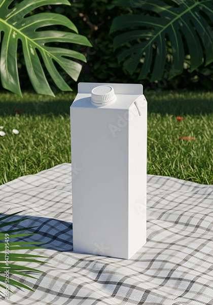 Obraz Blank carton of milk or juice on a picnic blanket