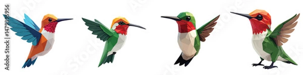 Fototapeta Cut Out Set of Low Poly Vector illustration Of Hummingbird Toy Isolated on Transparent or White Background.