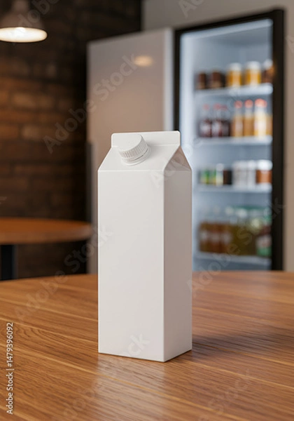 Obraz Blank carton of milk or juice on a wooden table near a refrigerator