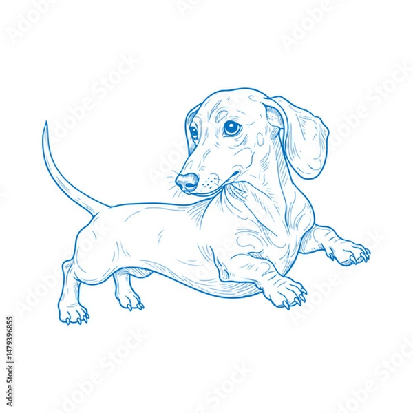 Obraz Hand-drawn vector illustration of a playful Dachshund turning its head with lifted paw in a vintage sketch style

