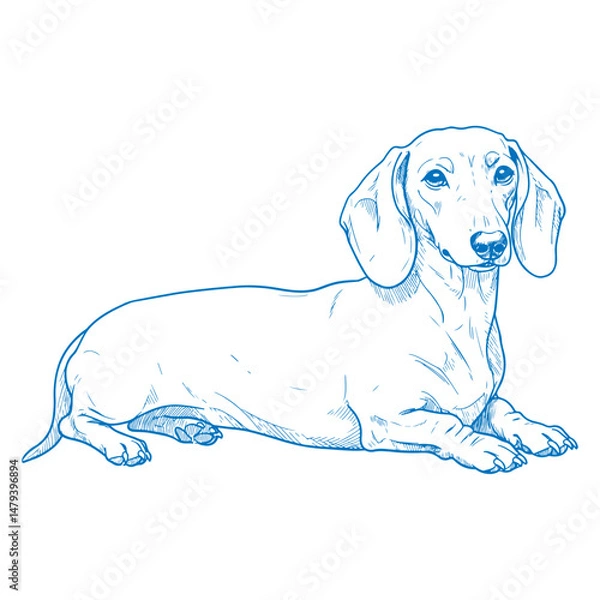 Obraz Detailed line art of a lying Dachshund dog hand-drawn in vintage style for vector design use

