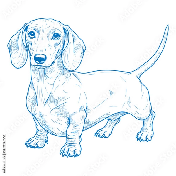 Obraz Vintage hand-drawn vector of an alert standing Dachshund dog in full-body front-facing pose

