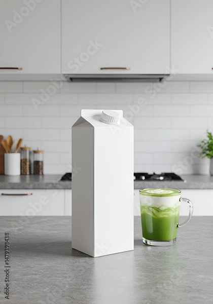 Obraz Blank carton of milk with a cup of matcha latte