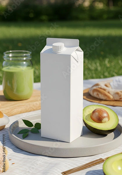 Obraz Blank carton of milk/juice on picnic blanket