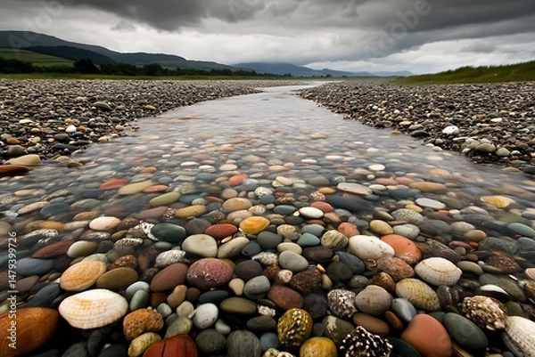 Fototapeta Serene Stream Flowing Over Colorful Pebbles and Shells on a Rocky Beach under Cloudy Sky