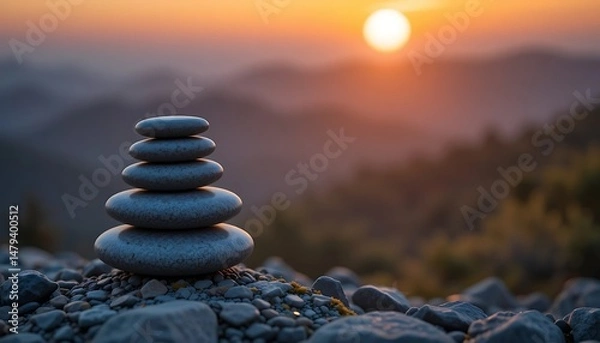 Obraz Tranquil Sunset Landscape with Balanced Stones Symbolizing Mindfulness, Stability, and Harmony in Nature