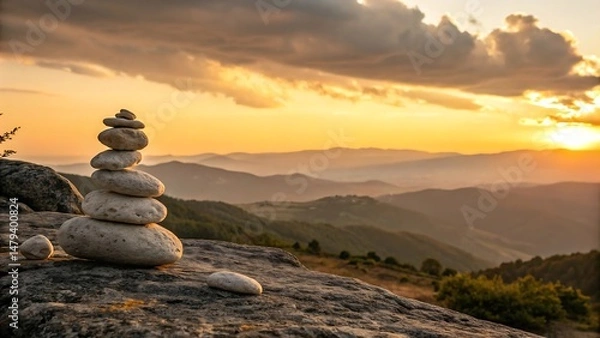 Obraz Tranquil Sunset Landscape with Balanced Stones Symbolizing Mindfulness, Stability, and Harmony in Nature