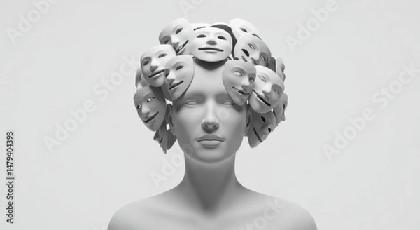 Fototapeta A grayscale figure adorned with many faces, expressing diverse emotions.