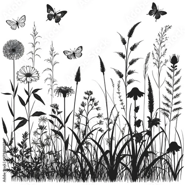 Obraz "Black Silhouettes of Grass, Flowers, and Plants – Hand-Drawn Sketches of Insects and Floral Elements Isolated on White Background for Botanical Art, Nature Prints, and Decorative Design"
