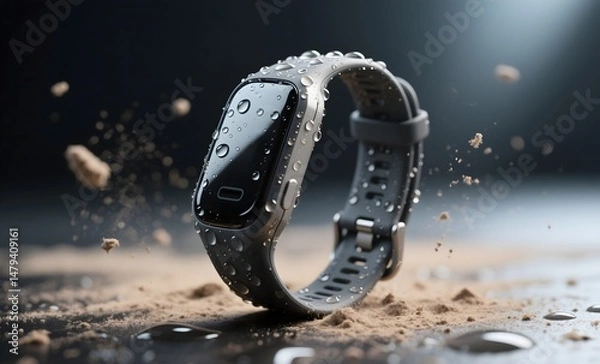 Fototapeta Waterproof Fitness Tracker with Water Droplets and Dust Particles in Dramatic Spotlight Against Dark Background