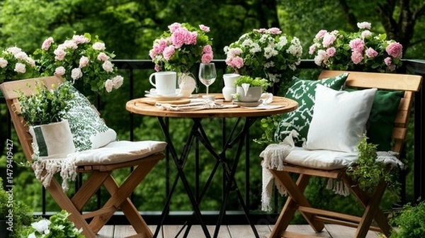 Fototapeta Outdoor balcony dining setup with flowers and greenery.  A small round table and two chairs, adorned with pink and green floral arrangements,  and potted plants create a charming atmosphere