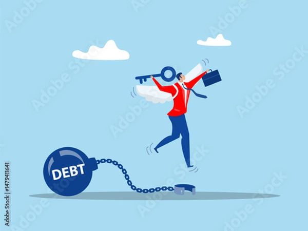 Fototapeta businessman holding golden key after unlock debt burden chain.Debt free or freedom for pay off debts concept vector