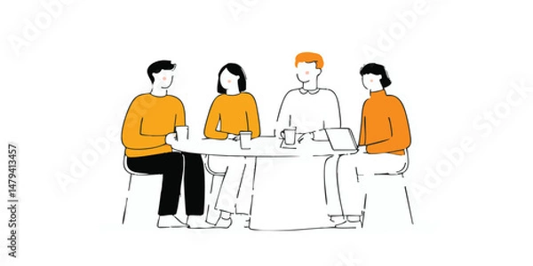 Obraz An illustration depicts a collaborative meeting, four individuals are gathered around a table engaging in discussion.